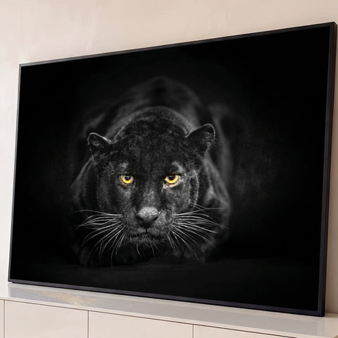 Pantera negra agachada de frente, olhos âmbar e bigodes brancos em fundo preto, quadro decorativo