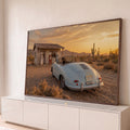 Quadro Decorativo Grande Carro Antigo para Sala Laranja | quadros decorativos para sala | carro conversível vintage azul com cachorro dachshund no deserto ao pôr do sol | Porao dos Quadros
