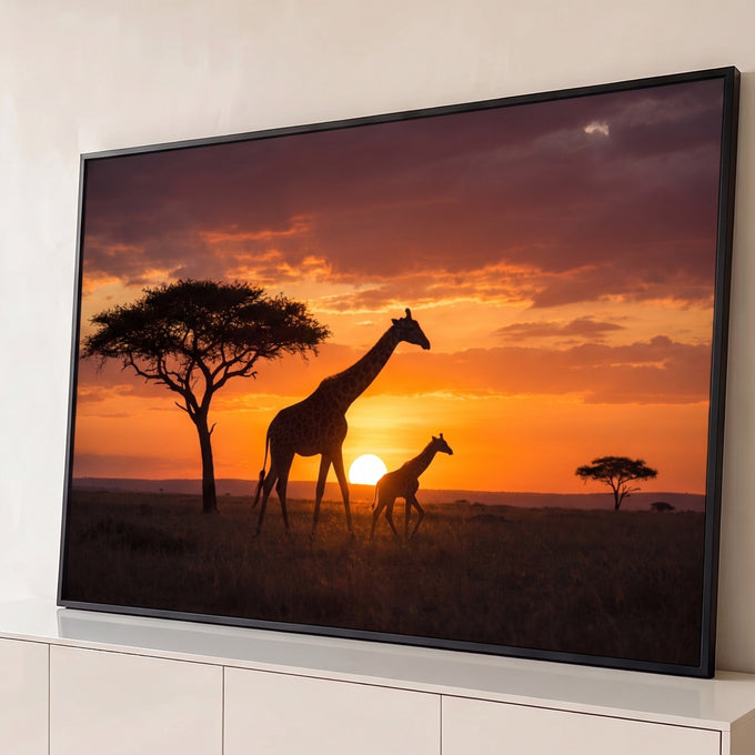 Girafa e filhote em silhueta na savana africana com acácia e sol se pondo em céu laranja, quadro decorativo