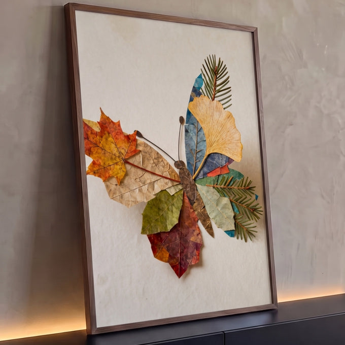 Borboleta de folhas secas coloridas, ginkgo amarelo e ramos de pinheiro sobre fundo bege, quadro decorativo