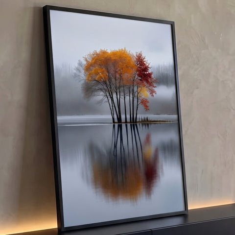 Árvores de outono laranja e vermelhas em ilhota refletidas em lago com névoa cinza, quadro decorativo