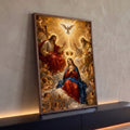 Quadro Decorativo Grande Coroação de Nossa Senhora para Sala | quadros decorativos para sala | coroação de Nossa Senhora por Jesus e Deus Pai com pomba e anjos em luz dourada | Porao dos Quadros