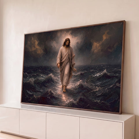 Jesus de túnica clara caminhando sobre ondas revoltas sob céu tempestuoso, pintura a óleo, quadro decorativo