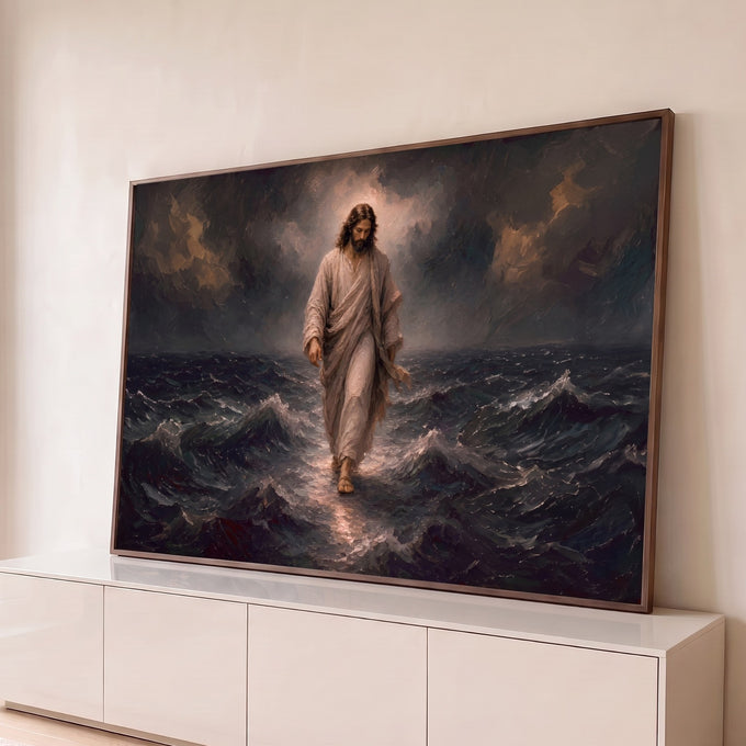 Jesus de túnica clara caminhando sobre ondas revoltas sob céu tempestuoso, pintura a óleo, quadro decorativo