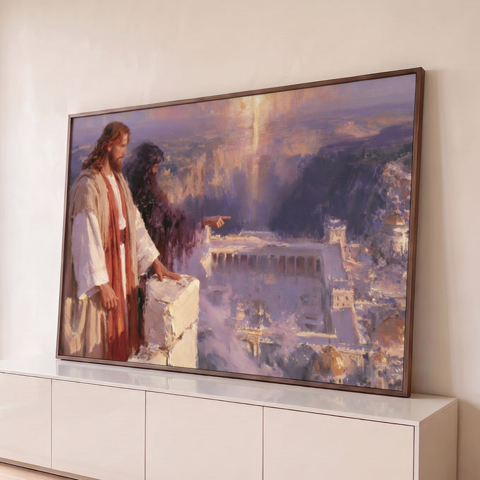 Quadro Decorativo Jesus Apontando para o Templo de Jerusalém | quadros decorativos para sala | Jesus e discípulo observam Jerusalém sob luz dourada vindo do céu roxo | Porao dos Quadros
