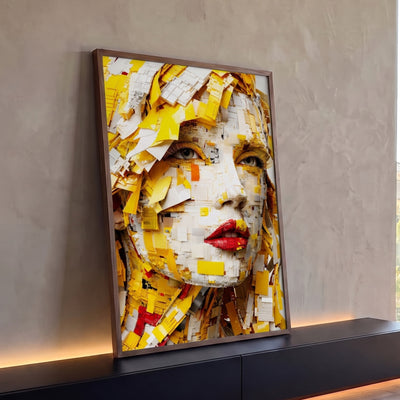Quadro Decorativo Grande Mulher Mosaico 3D para Sala Amarelo