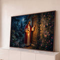 Jesus de manto vermelho batendo à porta de madeira com lanterna, noite de lua e rosas, quadro decorativo