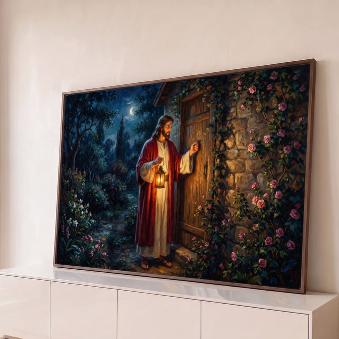Jesus de manto vermelho batendo à porta de madeira com lanterna, noite de lua e rosas, quadro decorativo