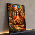 Quadro Decorativo Grande Última Ceia para Sala Vermelho | quadros decorativos para sala | Jesus partindo o pão em mosaico colorido com vitrais ao fundo | Porao dos Quadros