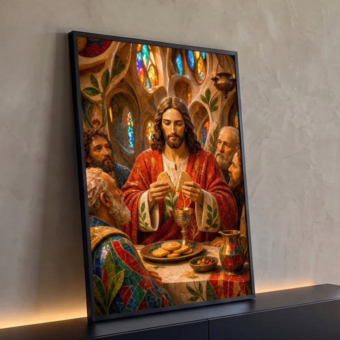 Quadro Decorativo Grande Última Ceia para Sala Vermelho | quadros decorativos para sala | Jesus partindo o pão em mosaico colorido com vitrais ao fundo | Porao dos Quadros
