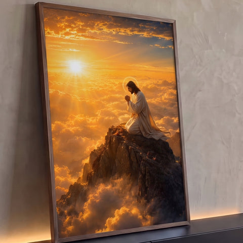 Jesus ajoelhado orando no pico da montanha acima das nuvens douradas ao pôr do sol, quadro decorativo