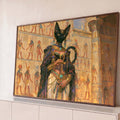 Quadro Decorativo Grande Deusa Gato Egípcia para Sala Preto | quadros decorativos para sala | figura de cabeça de gato preto com joias douradas egípcias segurando um ankh | Porao dos Quadros