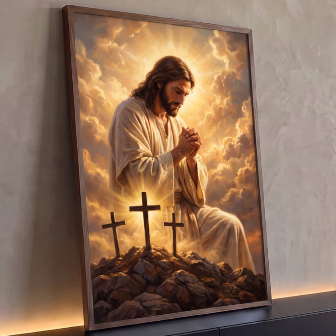 Quadro Decorativo Grande Jesus Orando Três Cruzes para Sala | quadros decorativos para sala | Jesus ajoelhado orando diante de três cruzes sob céu dourado | Porao dos Quadros
