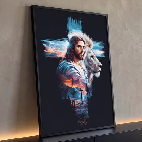 Jesus ao lado de leão branco, cruz com céu e montanhas em dupla exposição no fundo preto, quadro decorativo