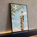 Quadro Decorativo Grande Menino com Maçã para Sala Azul | quadros decorativos para sala | menino equilibrado sobre pilha de livros coloridos segurando uma maçã vermelha | Porao dos Quadros