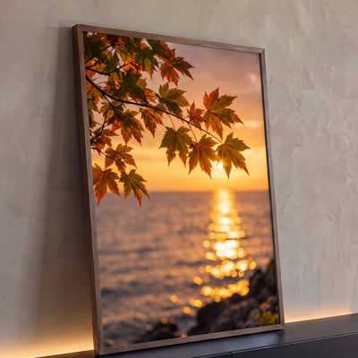 Quadro Decorativo Folhas de Bordo ao Pôr do Sol no Mar
