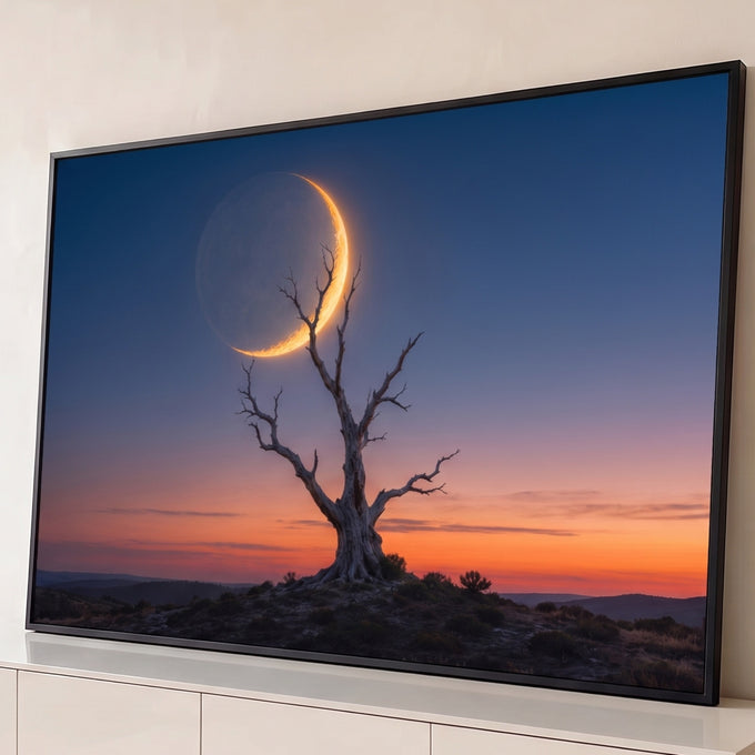 Quadro Decorativo Grande Árvore Seca Lua Dourada para Sala | quadros decorativos para sala | árvore seca silhuetada contra lua crescente dourada em céu de pôr do sol | Porao dos Quadros