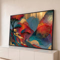 Quadro Decorativo Paisagem de Montanhas em Vermelho | quadros decorativos para sala | paisagem de montanhas texturizadas em vermelho, dourado e azul com árvores estilizadas | Porao dos Quadros