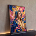 Quadro Decorativo Grande Nossa Senhora Manto para Sala Azul | quadros decorativos para sala | mulher com véu azul e halo dourado em fundo abstrato colorido | Porao dos Quadros