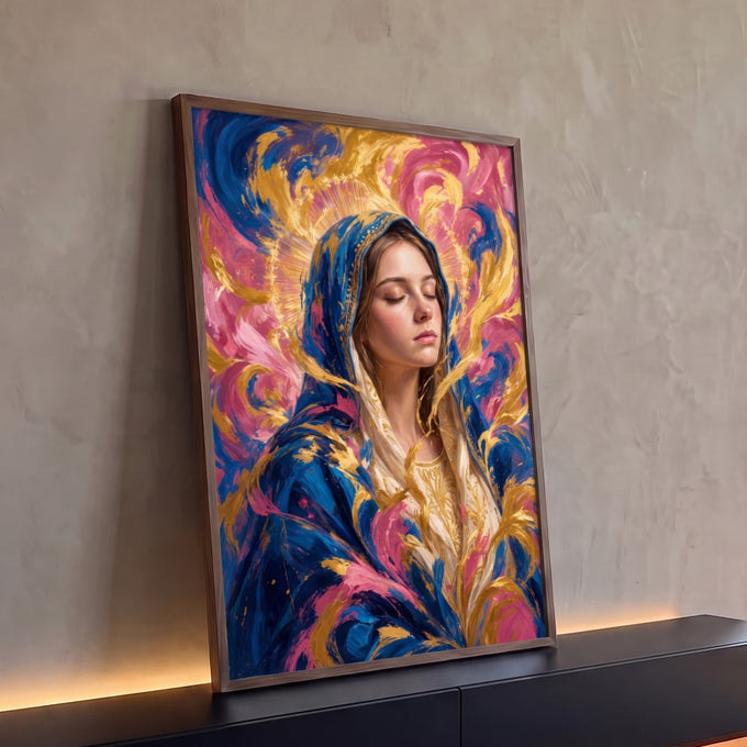 Quadro Decorativo Grande Nossa Senhora Manto para Sala Azul | quadros decorativos para sala | mulher com véu azul e halo dourado em fundo abstrato colorido | Porao dos Quadros