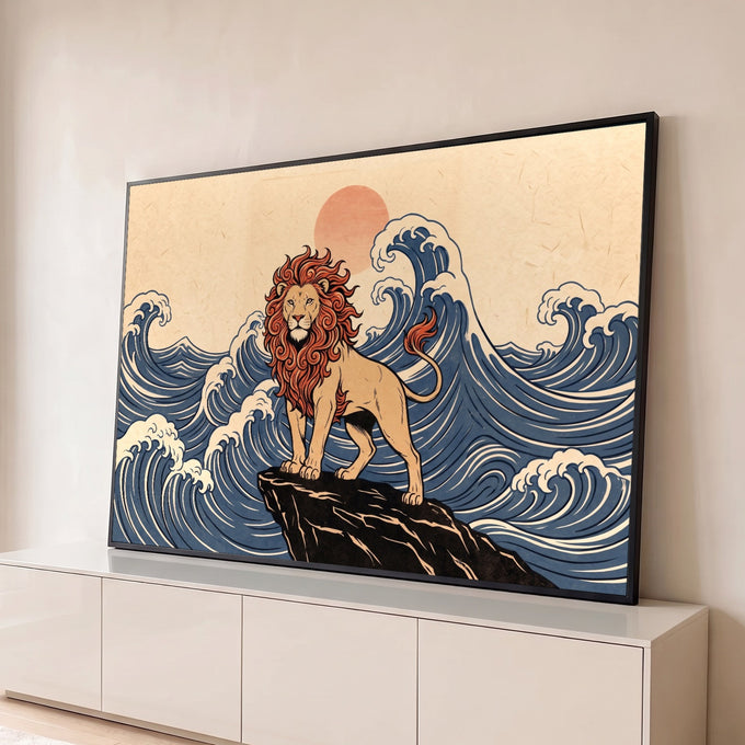 Quadro Decorativo Grande Leão com Juba de Fogo para Sala | quadros decorativos para sala | leão sobre rocha com juba em chamas vermelhas e ondas japonesas azuis ao fundo | Porao dos Quadros
