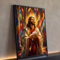 Quadro Decorativo Grande Jesus com Pomba para Sala Dourado | quadros decorativos para sala | Jesus com auréola dourada segurando pomba branca em estilo vitral geométrico | Porao dos Quadros