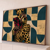Quadro Decorativo Grande Mulher Negra Chic para Sala Dourado - Borda Infinita / 65x100cm