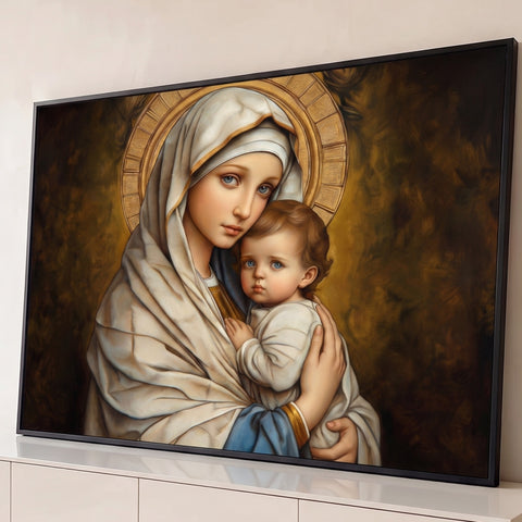 Nossa Senhora de véu claro e auréola dourada abraçando o Menino Jesus em pintura clássica, quadro decorativo
