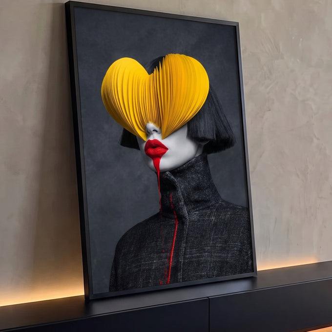 Mulher de cabelo preto com coração de papel amarelo nos olhos e batom vermelho escorrendo, quadro decorativo