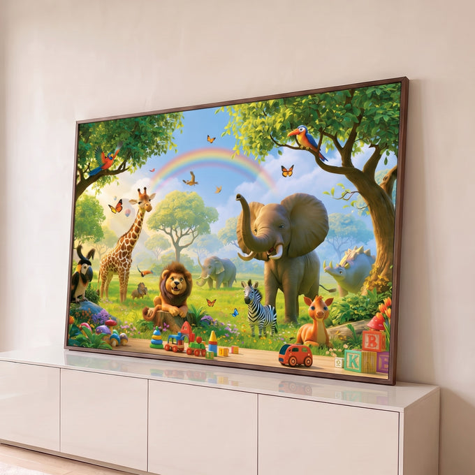 Safári infantil com leão, girafa, elefante, zebra, arco-íris, borboletas e brinquedos, quadro decorativo