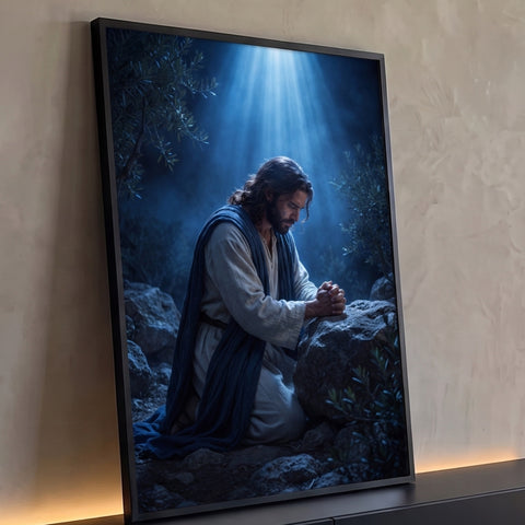 Quadro Decorativo Grande Jesus em Oração Azul para Sala | quadros decorativos para sala | homem ajoelhado em oração sob feixe de luz azul entre oliveiras à noite | Porao dos Quadros