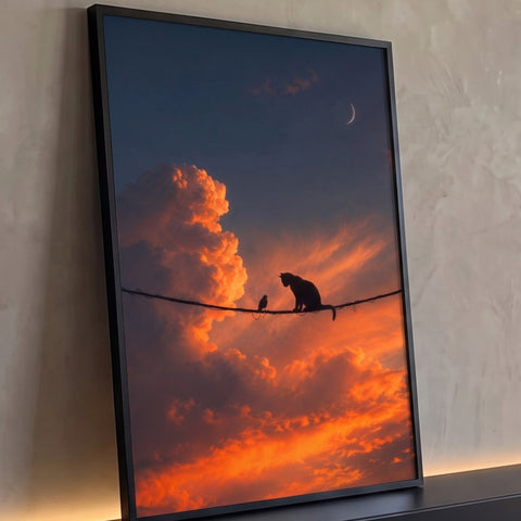 Silhueta de gato e pássaro em fio elétrico sob céu de pôr do sol laranja e lua crescente, quadro decorativo