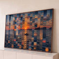 Quadro Decorativo Grande Pôr do Sol Mar para Sala Laranja | quadros decorativos para sala | pôr do sol fragmentado em mosaico com barco de pesca e montanhas ao fundo | Porao dos Quadros