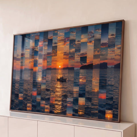 Pôr do sol no mar em faixas verticais estilo mosaico, barco de pesca e reflexo, quadro decorativo