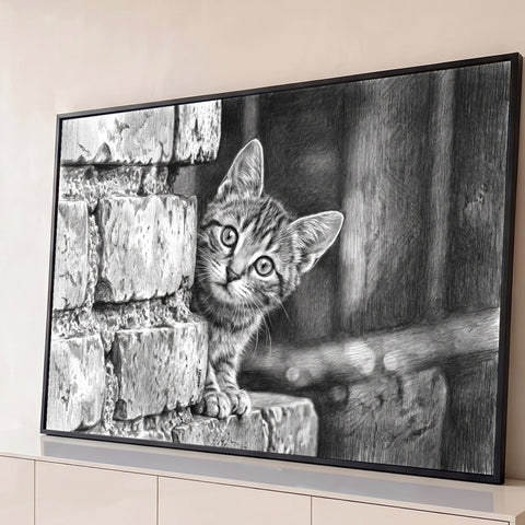 Gatinho tabby espiando atrás de muro de pedra em desenho a lápis preto e branco, quadro decorativo