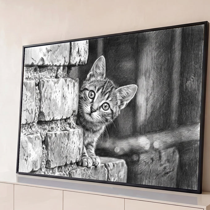 Gatinho tabby espiando atrás de muro de pedra em desenho a lápis preto e branco, quadro decorativo
