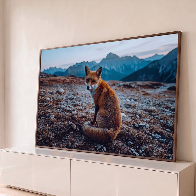 Raposa-vermelha sentada em campo pedregoso olhando para trás, montanhas azuis ao fundo, quadro decorativo