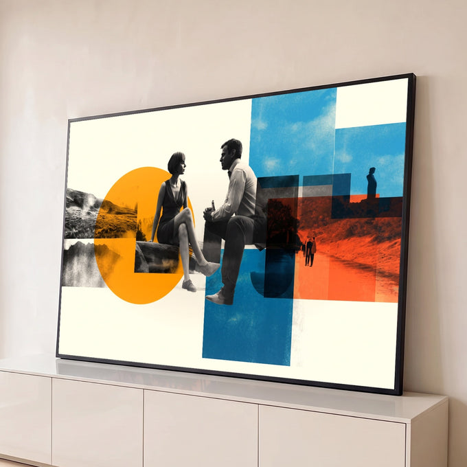Casal sentado conversando em colagem retrô com círculo laranja, blocos azuis e paisagens, quadro decorativo