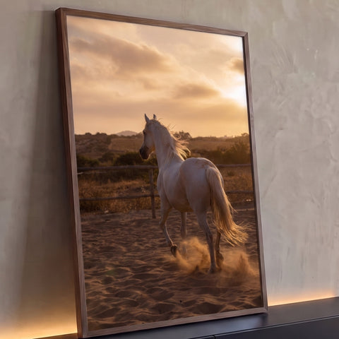 Cavalo branco trotando na areia, levantando poeira sob céu dourado de pôr do sol, quadro decorativo