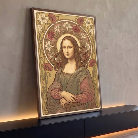 Quadro Decorativo Grande Mona Lisa para Sala Dourado | quadros decorativos para sala | retrato estilizado de mulher com cabelos longos, auréola floral de lírios e papoulas | Porao dos Quadros