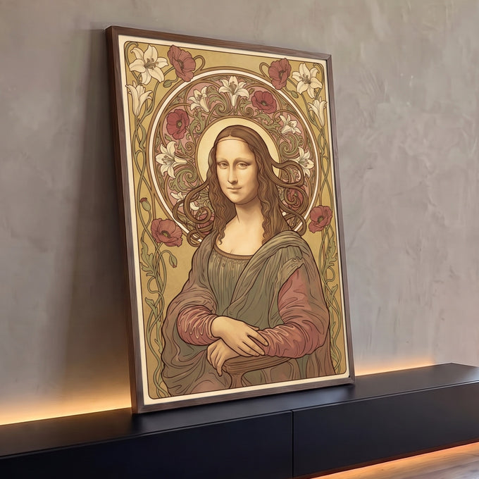 Quadro Decorativo Grande Mona Lisa para Sala Dourado | quadros decorativos para sala | retrato estilizado de mulher com cabelos longos, auréola floral de lírios e papoulas | Porao dos Quadros