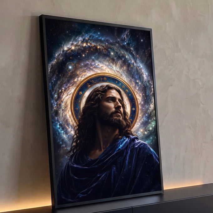 Quadro Decorativo Grande Jesus Cristo Azul para Sala | quadros decorativos para sala | homem com halo dourado e manto azul diante de galáxia estrelada | Porao dos Quadros