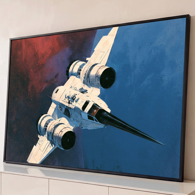 Quadro Decorativo Nave Espacial Branca entre Nebulosa | quadros decorativos para sala | nave espacial branca com asas em delta cruzando nebulosa vermelha e céu azul | Porao dos Quadros