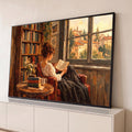 Pintura a óleo de mulher lendo em poltrona vermelha junto à janela com vista de vilarejo, quadro decorativo