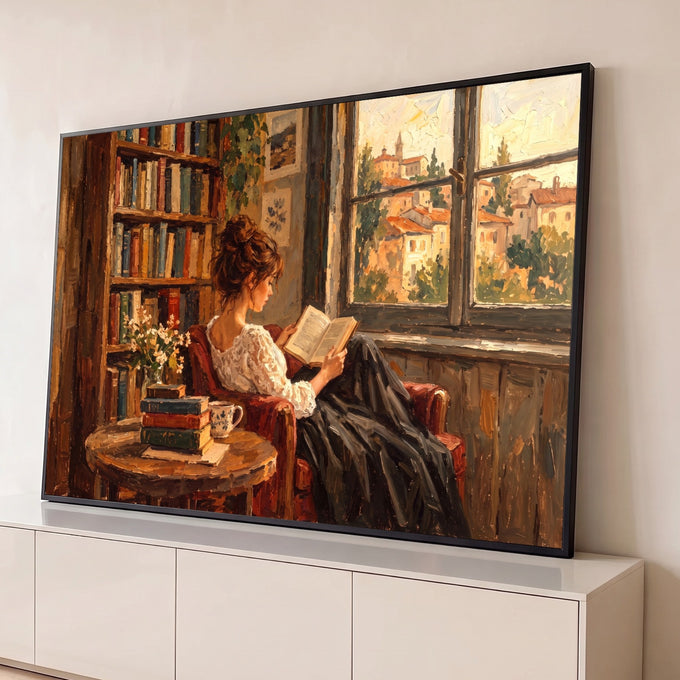 Pintura a óleo de mulher lendo em poltrona vermelha junto à janela com vista de vilarejo, quadro decorativo