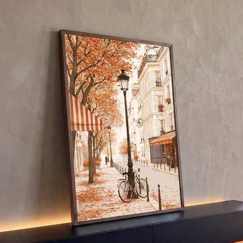 Ilustração de rua de Paris no outono com poste antigo, bicicleta e folhas laranja, quadro decorativo
