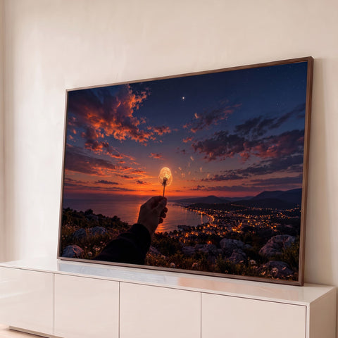 Mão segurando dente-de-leão diante da lua, céu estrelado ao entardecer e cidade na baía, quadro decorativo