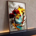Árvore vermelha e árvore amarela sobre rio turquesa em relevo branco 3D, quadro decorativo