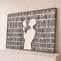 Quadro Decorativo Grande Silhueta Lendo Preto para Sala | quadros decorativos para sala | silhueta de pessoa lendo livro sobre fundo de traços pretos verticais | Porao dos Quadros