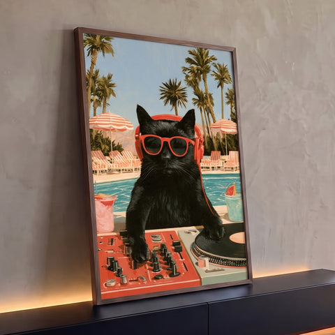 Quadro Decorativo Gato DJ de Óculos Vermelhos na Piscina | quadros decorativos para sala | gato preto de óculos e fone vermelhos em cena de DJ à beira da piscina | Porao dos Quadros
